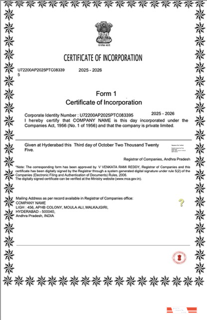 India certificate of incorporation Word and PDF template, version 2